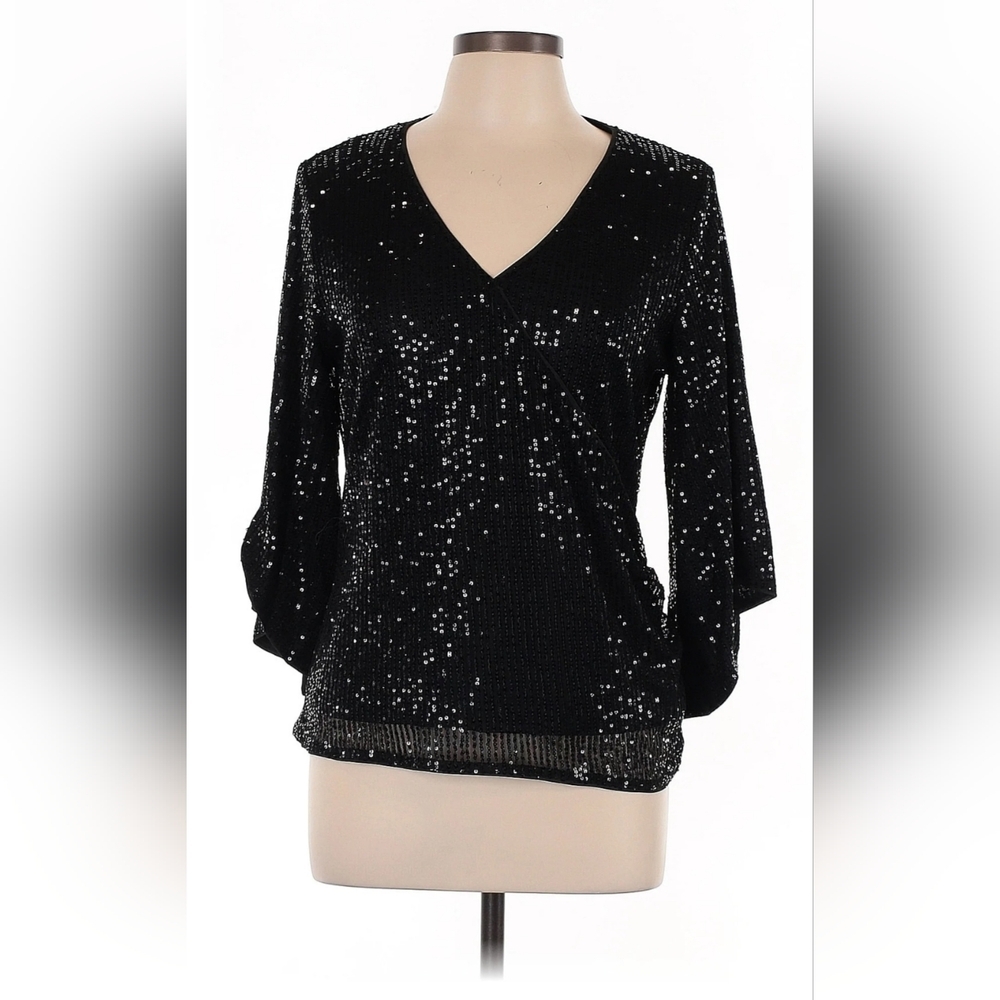 Genhoo draped sleeve sequin Black 3/4 sleeve Lg